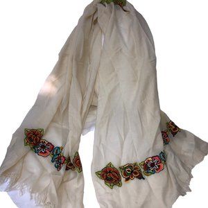 Pashmina white embroidered orange flowers scarf
